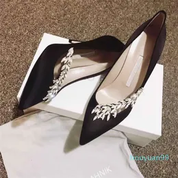 Designer -Wedding Sandals Shoes Women pekade Toe Crystal Leaf Embellation Stiletto Lady Utmärkt höga klackar EU35-42