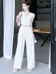 Women's Two Piece Pants Fashion OL Style Trousers Suit 2023 V-Neck Sleeveless Short Blazer Vest Wide Leg Ladies Office Set