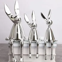 Dekorativa föremål Figurer 3 -stycken Creative Shiny Rabbit Statue Home Decor Modern Nordisk djur harts Konstskulptur Hantverk Electroplated Ornament 230802