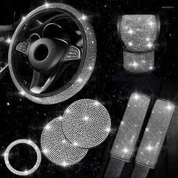 Steering Wheel Covers Bling Car Accessories 5 Color Diamond Cover Seat Belt Cushion Shift Knob Push Start Button Decor Suit