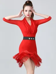 Scen Wear Middle Sleeve Flamengo Tango Dress Latin Costume Tassels Dance Women's Clothing Solid Color Ballroom Adult Fantasy