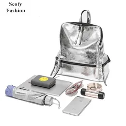 School Bags SCOFY Silver Backpack For Girls PU Leather Daypack Rucksack Leisure Bright Travel Women Mochila Brilhante 230801