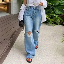 Kvinnors jeans Vanovich Vintage Temperament Fashion Hole 2023 Summer Korean Style Hög midja Löst raka bredbensbyxor