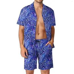 Men's Tracksuits Vibrant Blue Paisley Men Sets Retro Print Casual Shirt Set Vintage Vacation Shorts Custom Suit Two-piece Clothing Plus Size