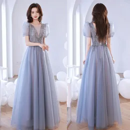 Party Dresses It's Yiiya Short Sleeve O-Neck Elegant Pleat Sequins Floor-Length A-Line Lace Up Tulle Blue Formal Dress Woman A2831