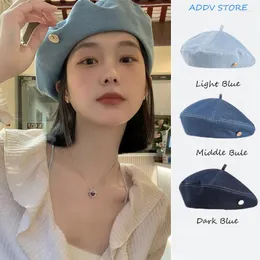 Berets Women's Niche Big Head Circumference Japanese Denim Beret Summer Metal Label Octagonal Hat Showing Face Little Painter