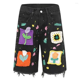 Mäns shorts harajuku vintage stickat blommönster denim överdimensionerad rak skurna jeans casual lös college byxor y2k