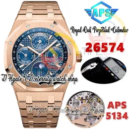 APSF aps26574 Calendario perpetuo Cal.5134 A5134 Orologio da uomo automatico 41MM Quadrante testurizzato blu superlumato Fasi lunari Cinturino in acciaio oro rosa Orologi Super eternity