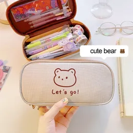 Pencil Bags Kawaii Canvas Case for Girls Boys Cartoon Bear Pencilcase Pen Bag Large Capacity Box Pouch Stationery Gift 230802
