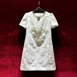 2023 verão branco cor sólida vestido jacquard com contas manga curta decote redondo na altura do joelho vestidos casuais a3q122153