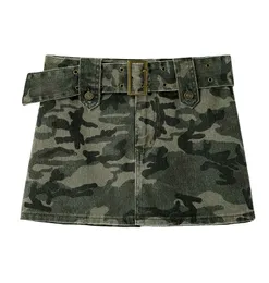 Novo design de camuflagem feminina estampada cintura alta com cinto mini saia curta com shorts de segurança dentro SMLXLXXL