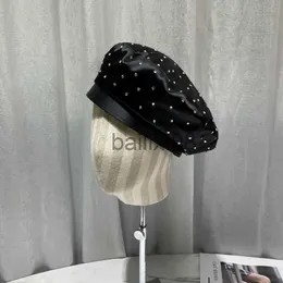 قبعات حافة بخيل 2022 جديدة ساتين راينستون بيريت كاب للسيدات الأزياء blk رسام قبعة الربيع والخريف القبعات المثمنية غوراس كاسكيت J230802