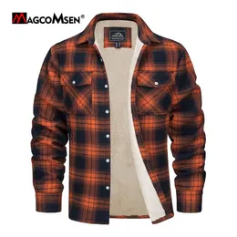 Männer Westen MAGCOMSEN Fleece Plaid Flanell Hemd Jacke Button Up Casual Baumwolle Verdicken Warme Frühling Arbeits Mantel Sherpa Oberbekleidung 230802