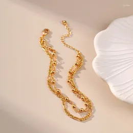 Ankletter European och American Ins Style pläterad med 18K True Gold Double Layer Chain Design Lycka till pärlor Anklet för kvinnors smycken