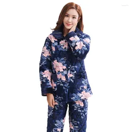 女性用スリープウェアフローラルプリントパジャマの女性3層濃い暖かい冬のキルティングジャケットレディースコーラルベルベットパッド入りパジャマピジャマムージャー