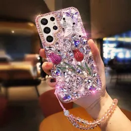 Mobiltelefonfodral 3D Butterfly Bling Rose Diamond Chain Phone Fall för Samsung S23 S22 S21 S20 Plus + Ultra Fe S9 S8 S10 Lite Note 10 20 Pro L230731