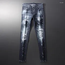 Jeans Masculino Moda de Rua Masculino Retrô Preto Azul Elástico Elástico Ajuste Justo Rasgado Beading Remendado Calças de Marca Hip Hop