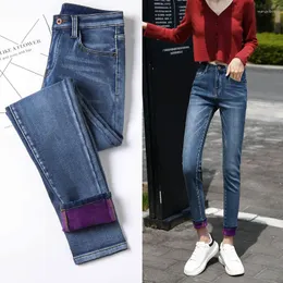 Kvinnors jeans stor storlek 26-40 vinter kvinnor färgglada plus sammet hög midja denim byxor sträcker varma penna byxor tjock mager