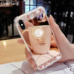 Mobiltelefonfodral Luxury Glitter Diamond Makeup Mirror Phone Case för iPhone 14 13 12 11 Pro Max X XR XS 7 8 Plus SE Pearl Ring Holder Bling Cover L230731