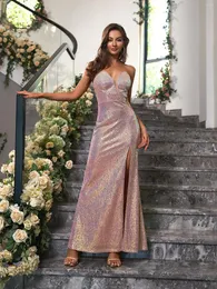 Vestidos de festa Angel-fashions Feminino sem alças Malha contrastante Sem costas Dividido Coxa Tubo de lantejoulas Vestido de noite formal Elegante para convidados de casamento