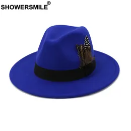 Wide Brim Hats Bucket SHOWERSMILE Royal Blue Women Men Wool VintageTrilby Felt Fedora Hat with Feather Church Winter Autumn Jazz Caps 230801