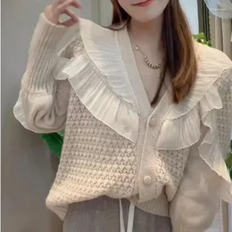 Femmes Tricots Cardigan Femmes Tout-Allumette Col En V Dentelle Patchwork Pull Printemps Automne 2023 Kawaii Rétro Tendre Tricoté Conception Simple Survêtement