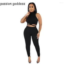 Zweiteilige Damen-Hosen, lässig, gestrickt, gerippt, solides Set, Damen, sexy, ärmellos, Rollkragenpullover, Schnür-Tanktop, dünn, Bleistift, 2023 Sommer-Outfits