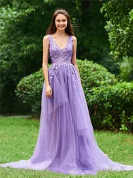 2023 Bestidos de Gala A Line Lilac Lace Appliqued Evening Dress V Neck Special Endast Formell Party Long Prom -klänningar