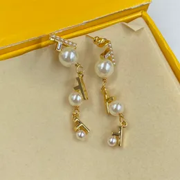 Women Pearl Dangle Earrings Luxury 18K Gold Plated Vintage Gorgeous Trendy Classic Diamante Letter Hollow Long Pendant Jewelry Earrings Gift
