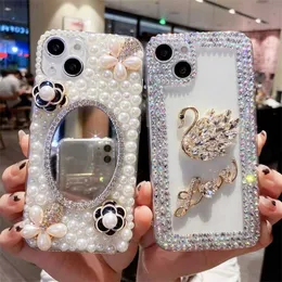 حالات الهاتف الخليوي 3D Camellia Swan Bling Diamond Chain Case for iPhone 14 12 Pro Max Mini 11 13 Pro X XS 6 S 7 8 Plus 12Pro SE Cover L230731