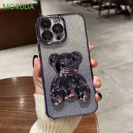 Étuis de téléphone portable Dégradé Glitter 3D Crystal Diamond Bear Phone Case pour iPhone 14 Pro Plus 11 12 13 Pro Max Couverture de placage de luxe avec film d'objectif L230731