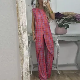 Kvinnors tvåbitar byxor 2023 Summer Casual Woman Pants Oh Neck Long Shirt Hög midja kostym Kvinnlig Vintage Print Holiday Set Outfits