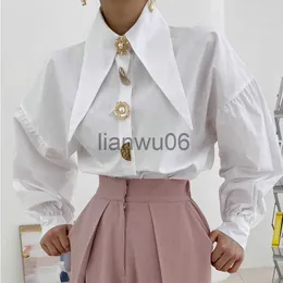 Women's Blouses Shirts Women Puff Sleeve Blouses White Single Breasted Top Tees Fall Vintage Harajuku Fashion Korean Loose Solid Shirts Female S014 J230802