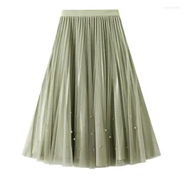 Skirts TIGENA Reversible Beading Tulle Midi Skirt Women 2023 Summer Korean Casual Solid Mesh High Waist Pleated Knee Female