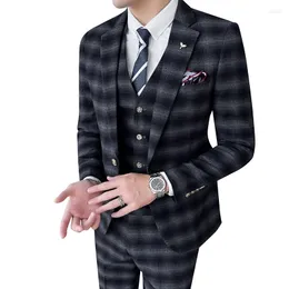 Men's Suits 2023Jacket Vest Pants Autumn And Winter Three-piece Suit Korean Style Slim Plaid