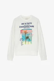 Zadig Voltaire Designer Pure Cotton Sweatshirt Coconut White Ink Digital Printing Cotton Round Neck Raglan Sleeve Women Sweater Classic Fashion Tops Overdimensionerade