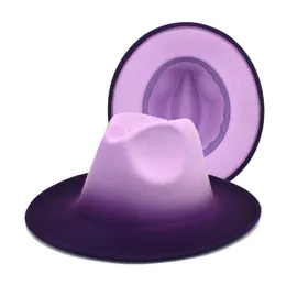 넓은 가슴 모자 버킷 페도라 모자 여성 남성을위한 펠트 gradient color purple design 럭셔리 캐주얼 Fedoras Trilby Jazz Caps 230801
