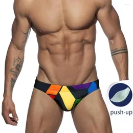 Roupa de banho masculina 2023 Calção de banho cintura baixa estampada cuecas sexy com bojo push pad calça de praia spa shorts de surf