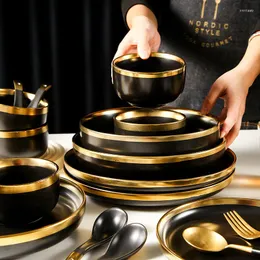 食器セットMablack Porcelain Set Eleclroplated Gold Rim Ceramic Tablewareイージーウォッシュボウルプレートスプーンギフトボックス