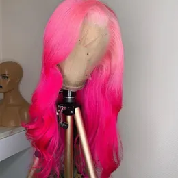 Peruvian Hair Ombre Pink Colored Lace Front Wig Pink Pre Plucked 13X3 Lace Frontal Wigs Synthetic 30 Inch Body Wave Lace Front Wig For Women