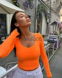 Bluzki damskie koszule seksowne swobodne upraw z długiego rękawu Kobiety solidne kolorowe koszulę fit fit szczupłe koszulki bazowe żeńskie tshirty streetwear y2k pullover J230802