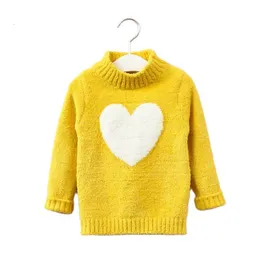 Camisetas meninas suéter primavera outono coreano jacquard malha amor meia gola alta roupas infantis borda plush top 230802