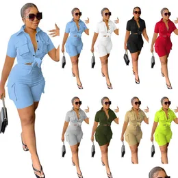 Women'S Tracksuits 2023 New Summer Designer Women 2 Piece Set Outfits Y Solid Color Short Sleeve Shirt And Shorts Matching Suits Drop Dhqvw