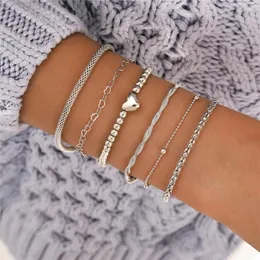 Pulseiras de link LETAPI 6 pçs/conjunto Bohemian Silver Color Bangles Set Vintage Beads Charm Heart Bracelet For Women Jewelry Accessories