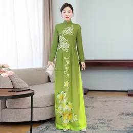 Etnik Giyim Vietnamca Aodai Elbise Kadınlar İçin Geleneksel Çin Tarzı Vintage Zarif Qipao Top Pants Setleri Asya Şifon