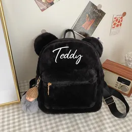 School Bags Custom Korean Mini Backpack For Girls Cute Bear Ears Plush Women Faux Fur Shoulders Bag Furry Ladies Bagpack 230801