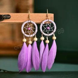 Vintage Bohemian Dream Catcher Wood Bead Feather Earrings for Women Ethnic Long Colorful Dangle Earrings Casual Vacation Jewelry