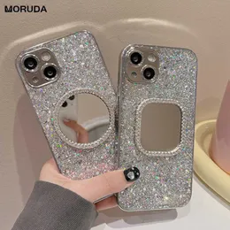 Mobiltelefonfodral Glitter Make Up Mirror Case för iPhone 14 Pro 13 Pro Max iPhone 12 Pro 11 PLATING SLIVER Diamond Cover för iPhone 14 Promax Case L230731