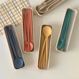 식기 세트 5pcs/set cutlery wheat spoon fork 젓가락 상자 학생 테이블웨어 여행 휴대용 주방 액세서리