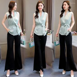 Kvinnors spårskidor Kvinnor Två stycken Set 2023 Summer Elegant Solid Sleeveless Tops Blus and Long Pants Byxor Office Lady 2 Piece Suit